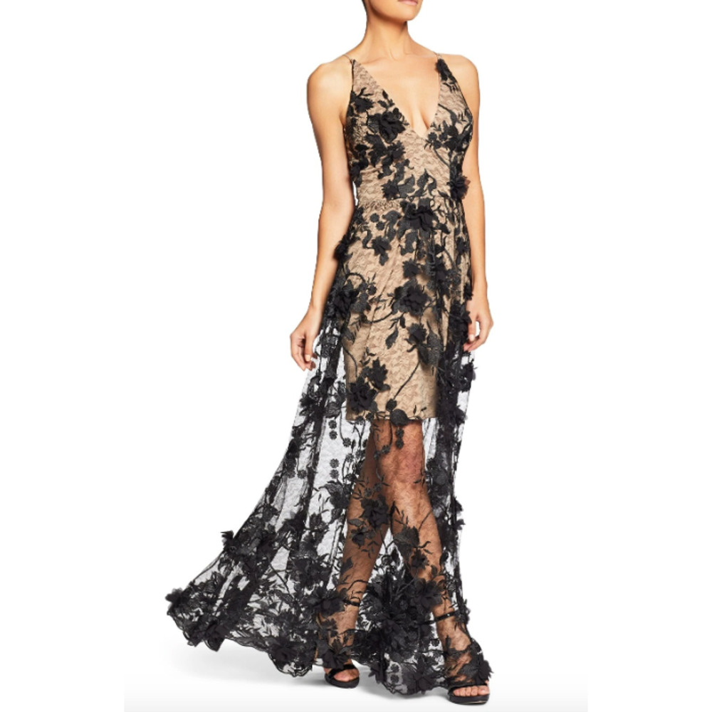 Dress The Population Sidney V-Neck 3D Floral Applique Lace Gown NEW Size Medium - Picture 2 of 10